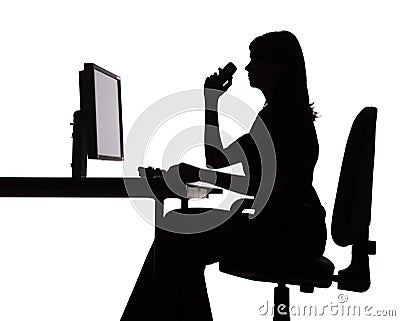 Phones Computer on Royalty Free Stock Photo  Silhouette Of Woman Working Computer  Phone